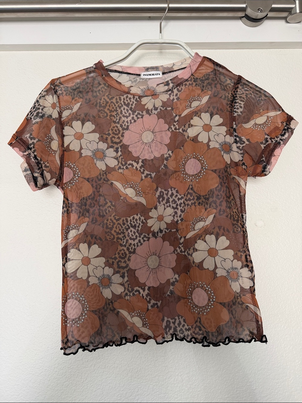 iNAMORATA Sheer Floral Mesh Tee in Brown & Pink